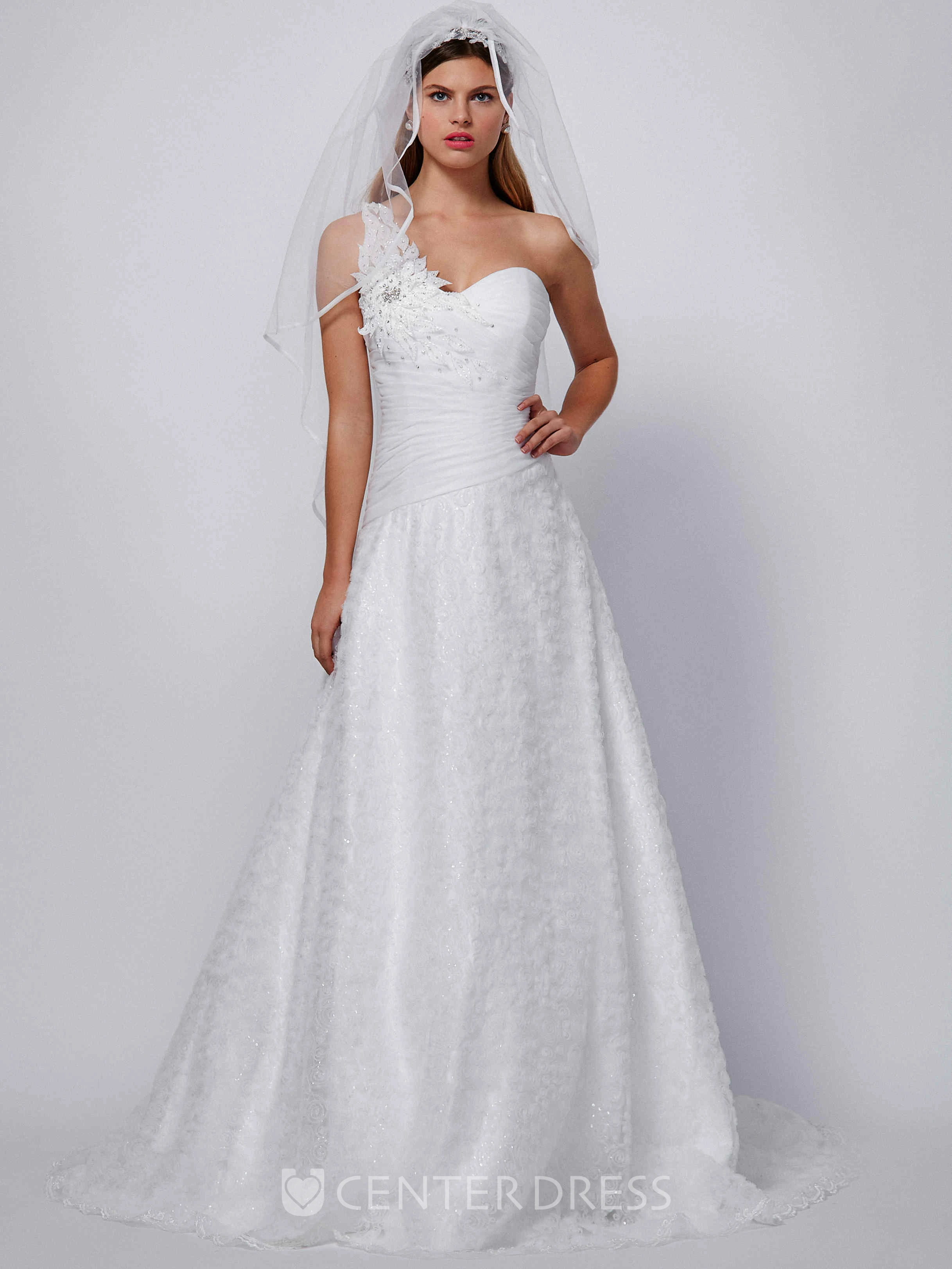 One-Shoulder Long Beaded Ruffled Chiffon Wedding Dress