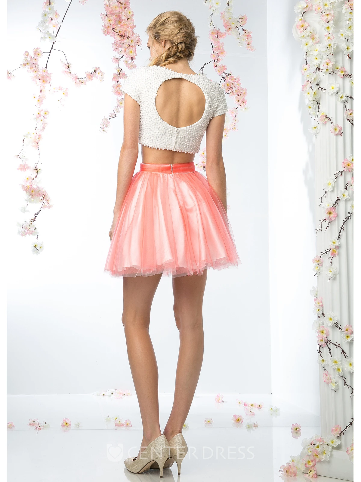 A-Line Short Jewel-Neck Short Sleeve Tulle Satin Keyhole Dress With Beading