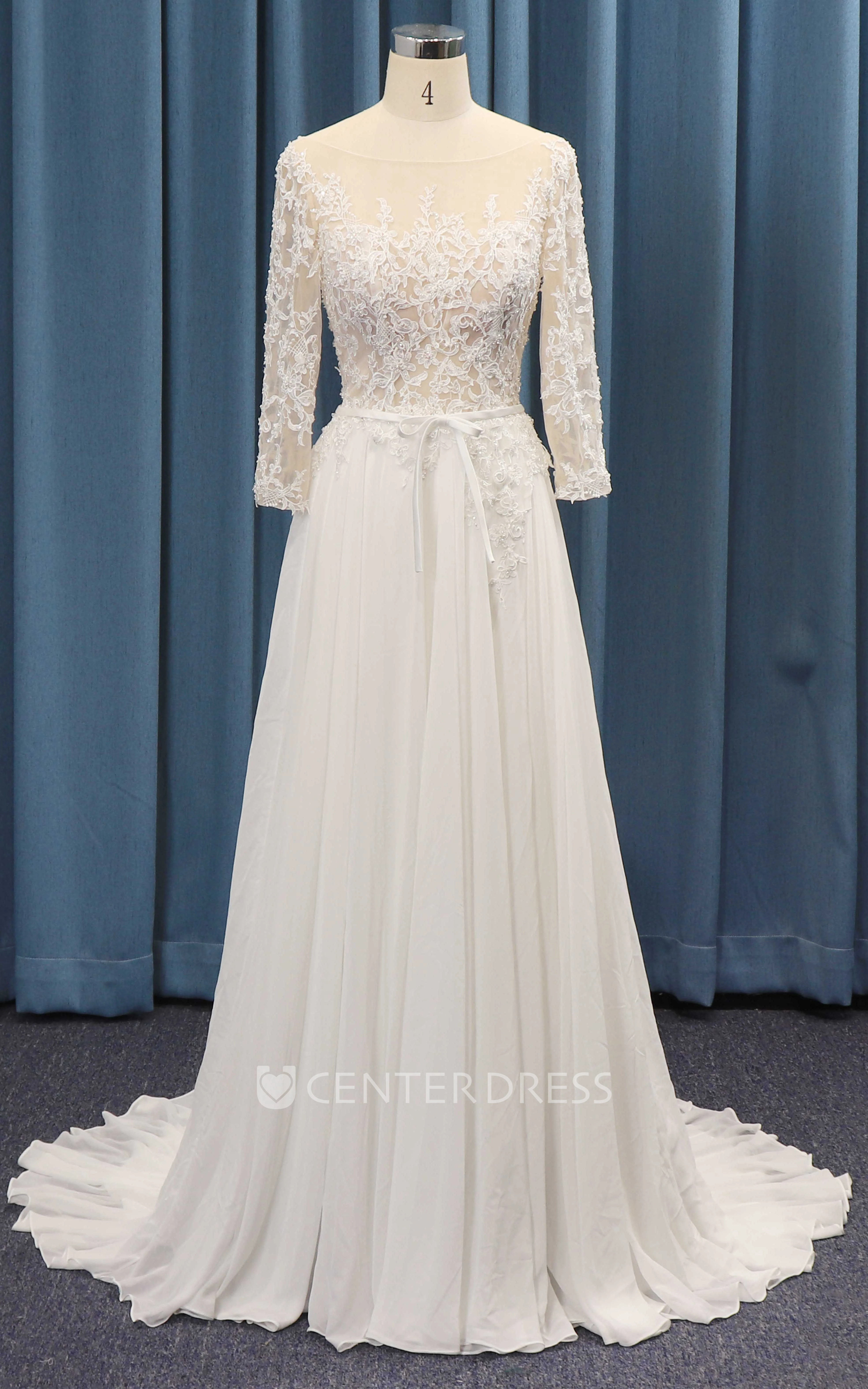 A-line 3/4 Sleeve Lace Top And Chiffon Ruching With Sash Adorable Wedding Dress