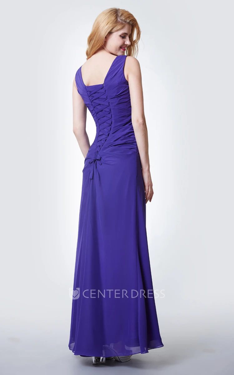 Wonderful V Neck Ruched Empire Waist Long Chiffon Dress With Beaded Brooch