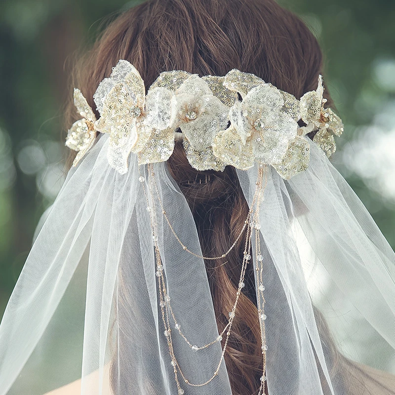 Forest Style Tulle Fingertip Veil with Beads