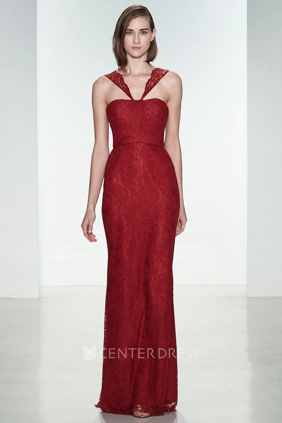 Floor-Length Sheath Sleeveless Appliqued Strapped Lace Bridesmaid Dress
