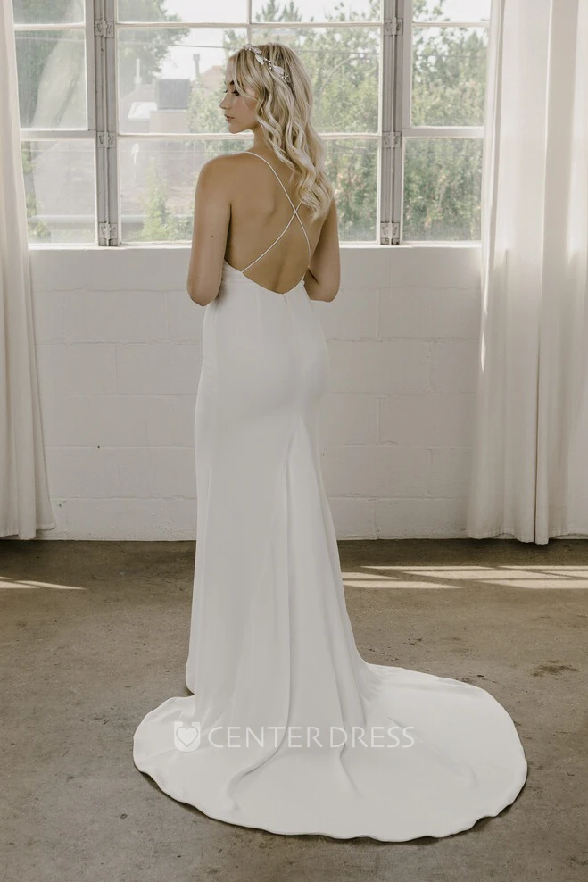 Spaghetti Straps Court Train With Open Back And Straps Simple Sheath Wedding Dress