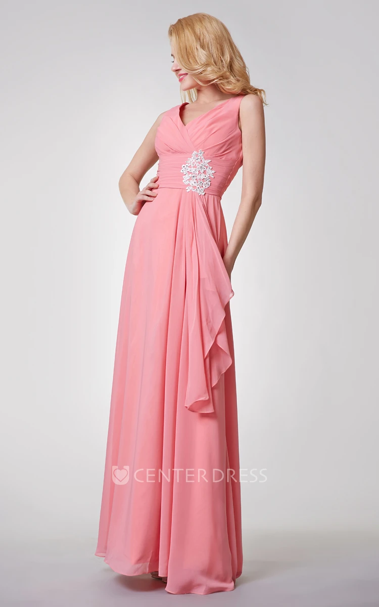 V-neck Empire Long Chiffon Bridesmaid Dress with Sexy back