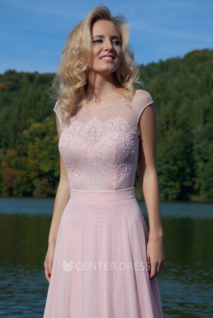 Sheath Lace Floor-Length Scoop-Neck Cap-Sleeve Prom Dress