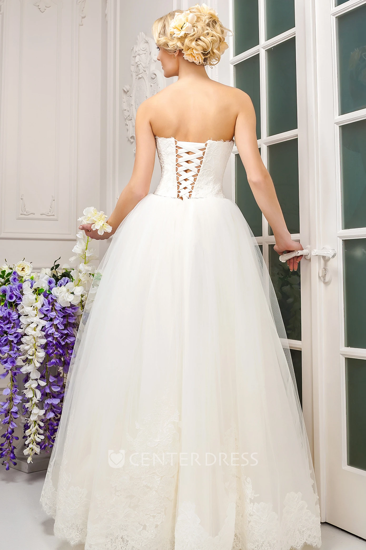 A-Line Ruched Long Strapless Sleeveless Tulle Wedding Dress With Appliques