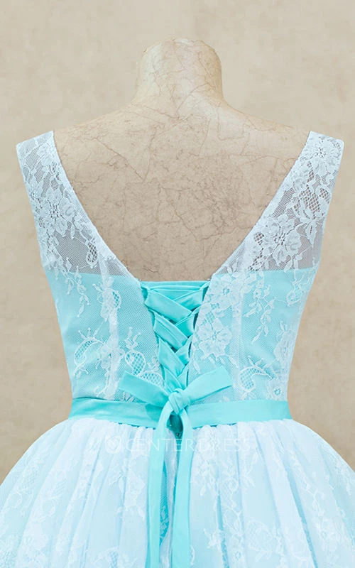 A-Line Knee-Length Bateau Short Sleeve Lace Sash Pleats Lace-Up Dress