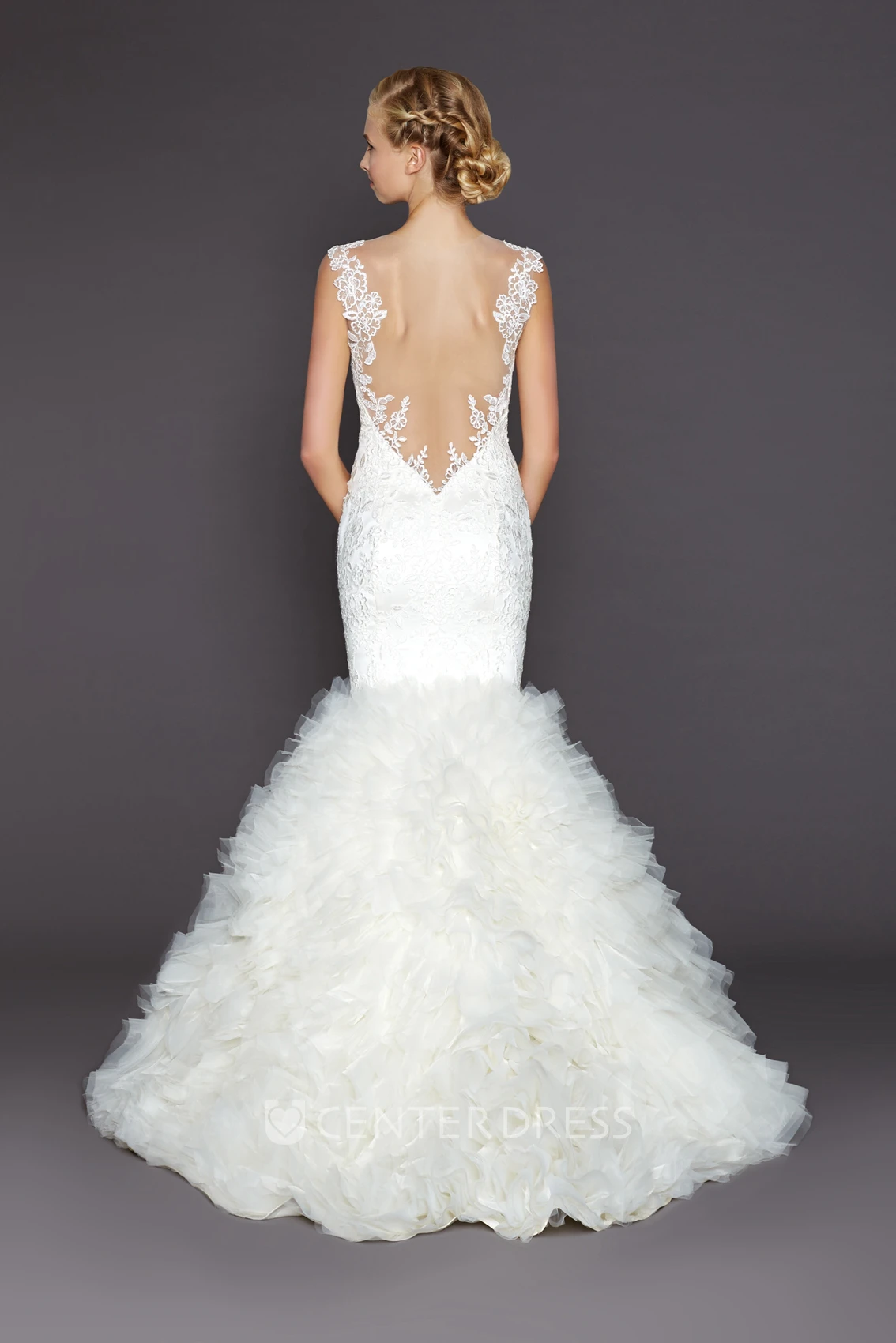Mermaid Sleeveless Appliqued Floor-Length Spaghetti Lace Wedding Dress With Deep-V Back And Ruffles