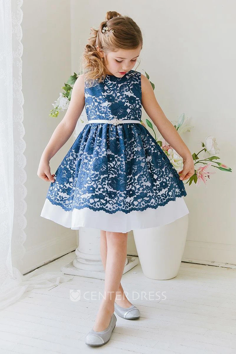Tea-Length Beaded Floral Lace&Satin Flower Girl Dress With Ribbon