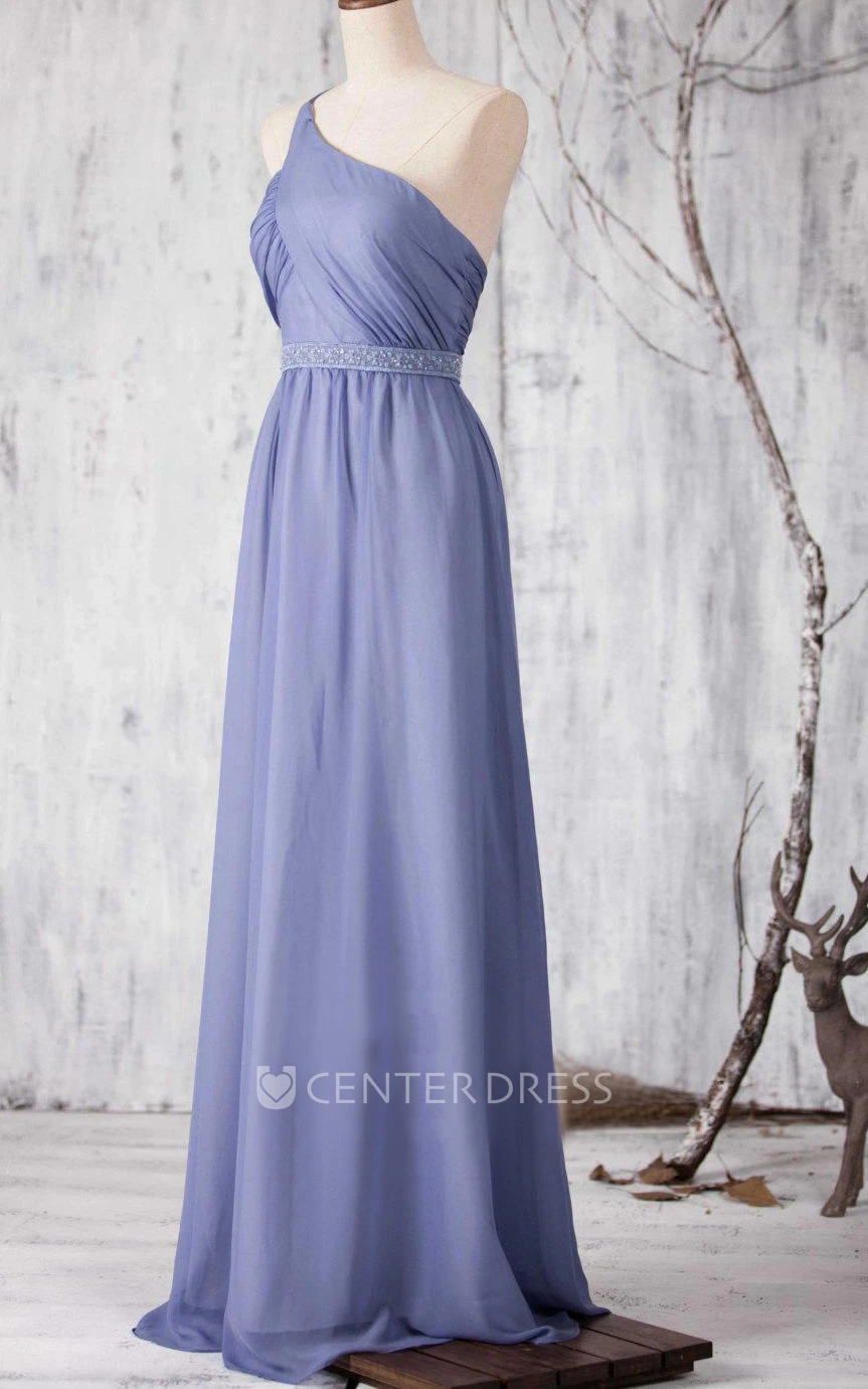 One Shoulder Criss Cross Bodice A-line Chiffon Long Dress With Beading