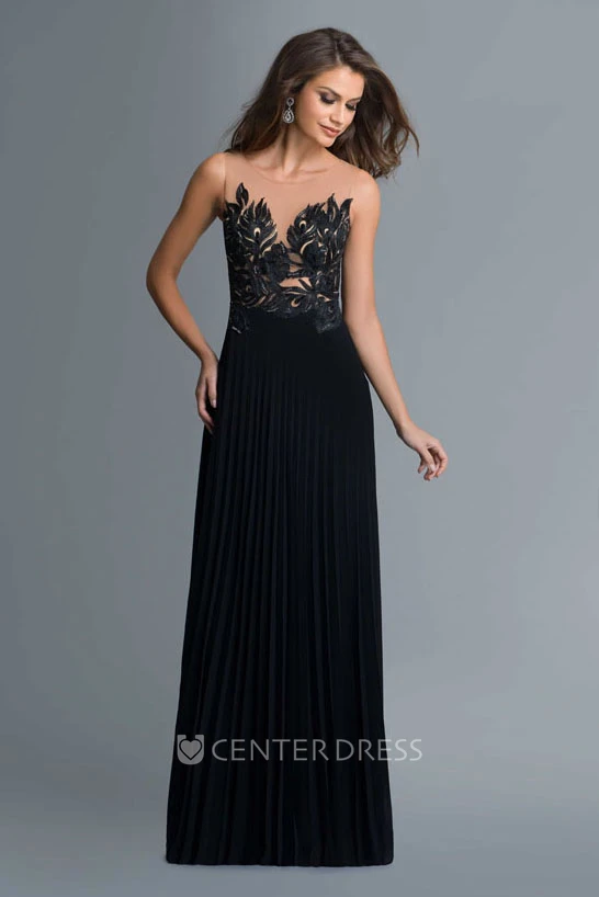 A-Line Scoop-Neck Sleeveless Jersey Illusion Dress With Appliques And Pleats