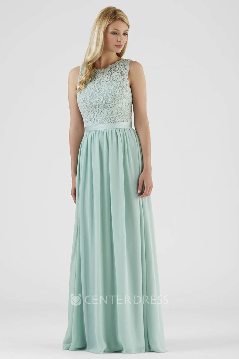 Floor-Length Lace Sleeveless Scoop Neck Chiffon Bridesmaid Dress