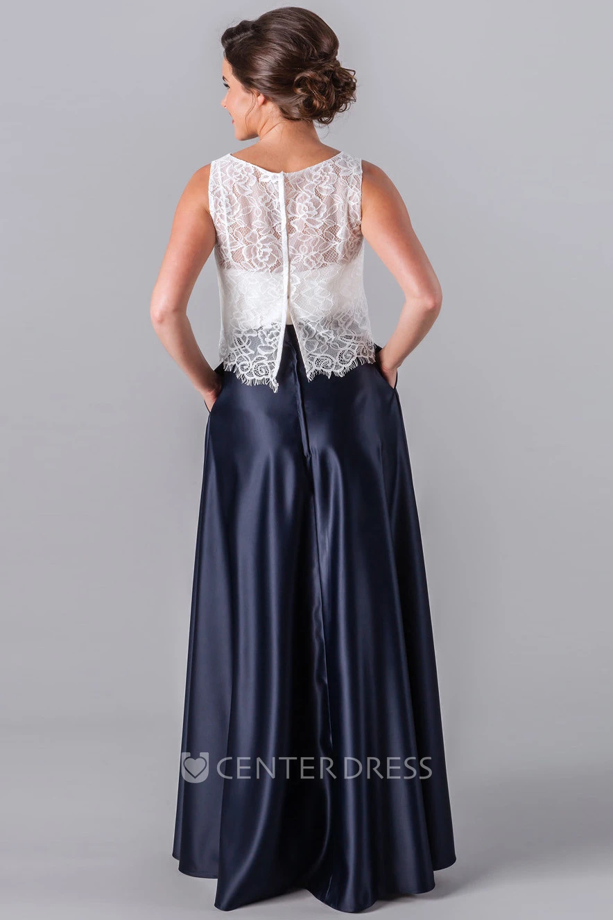 Floor-Length Lace Sleeveless Scoop Neck Satin Bridesmaid Dress