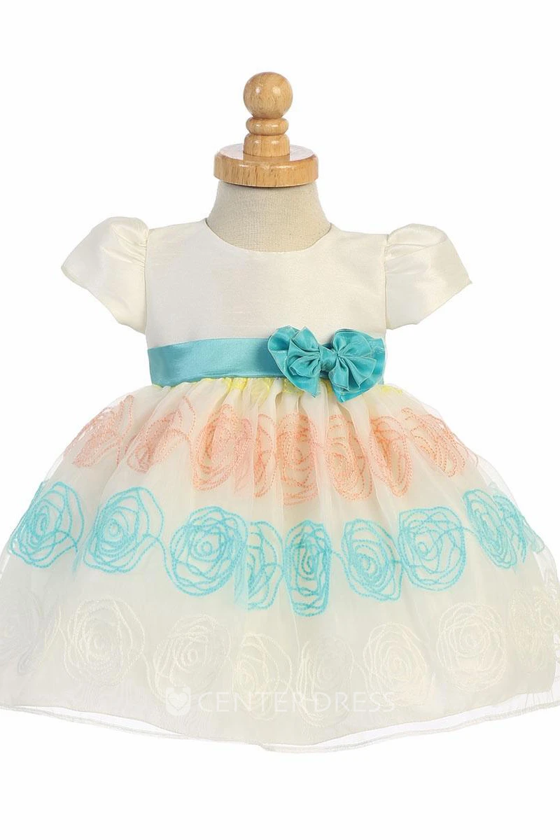 Embroideried Tea-Length Bowed Floral Organza&Taffeta Flower Girl Dress With Ribbon