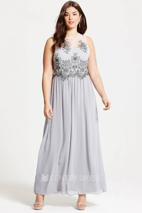 Ankle-Length Sleeveless Appliqued Scoop Neck Chiffon Bridesmaid Dress