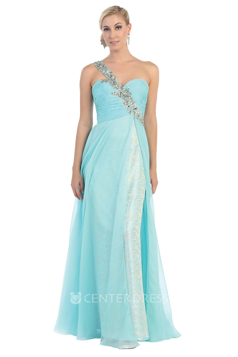 A-Line Maxi One-Shoulder Chiffon Lace Zipper Dress With Ruching And Beading