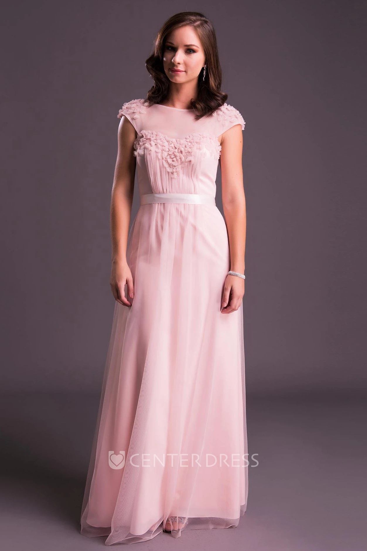 Long Ruched Jewel-Neck Cap-Sleeve Tulle Prom Dress With Flower