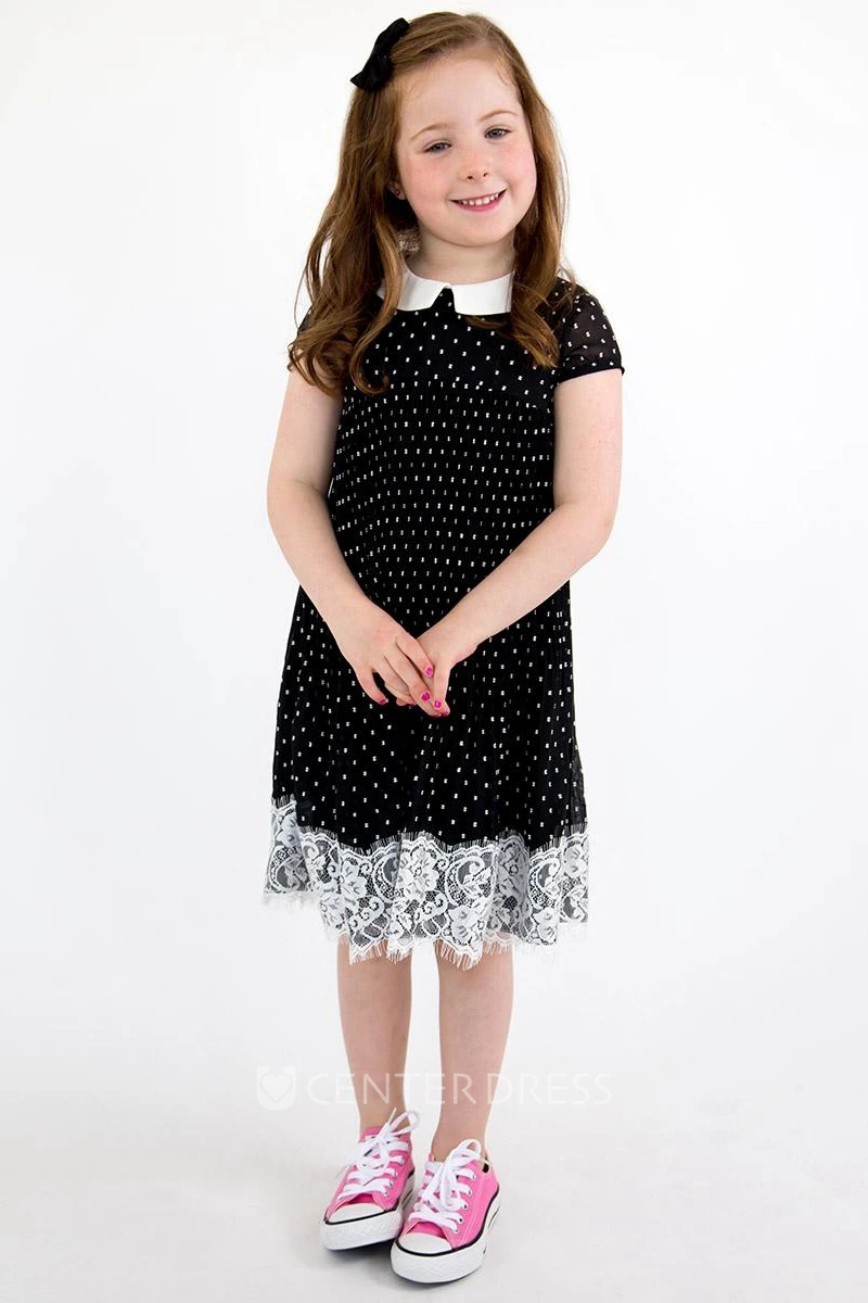 Pleated Empire Cap-Sleeve Chiffon&Lace Flower Girl Dress