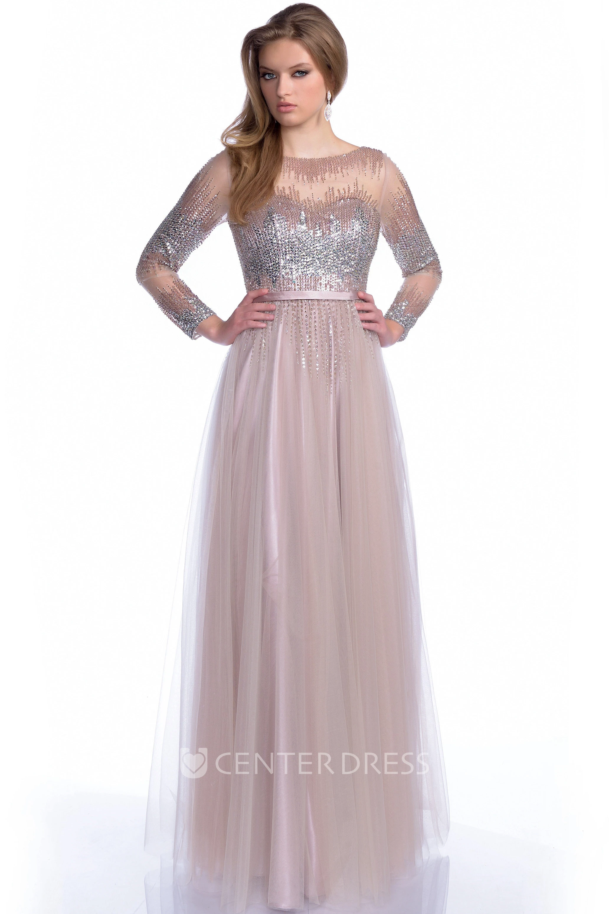 Bateau Neck Long Sleeve A-Line Tulle Prom Dress With Sequined Bodice