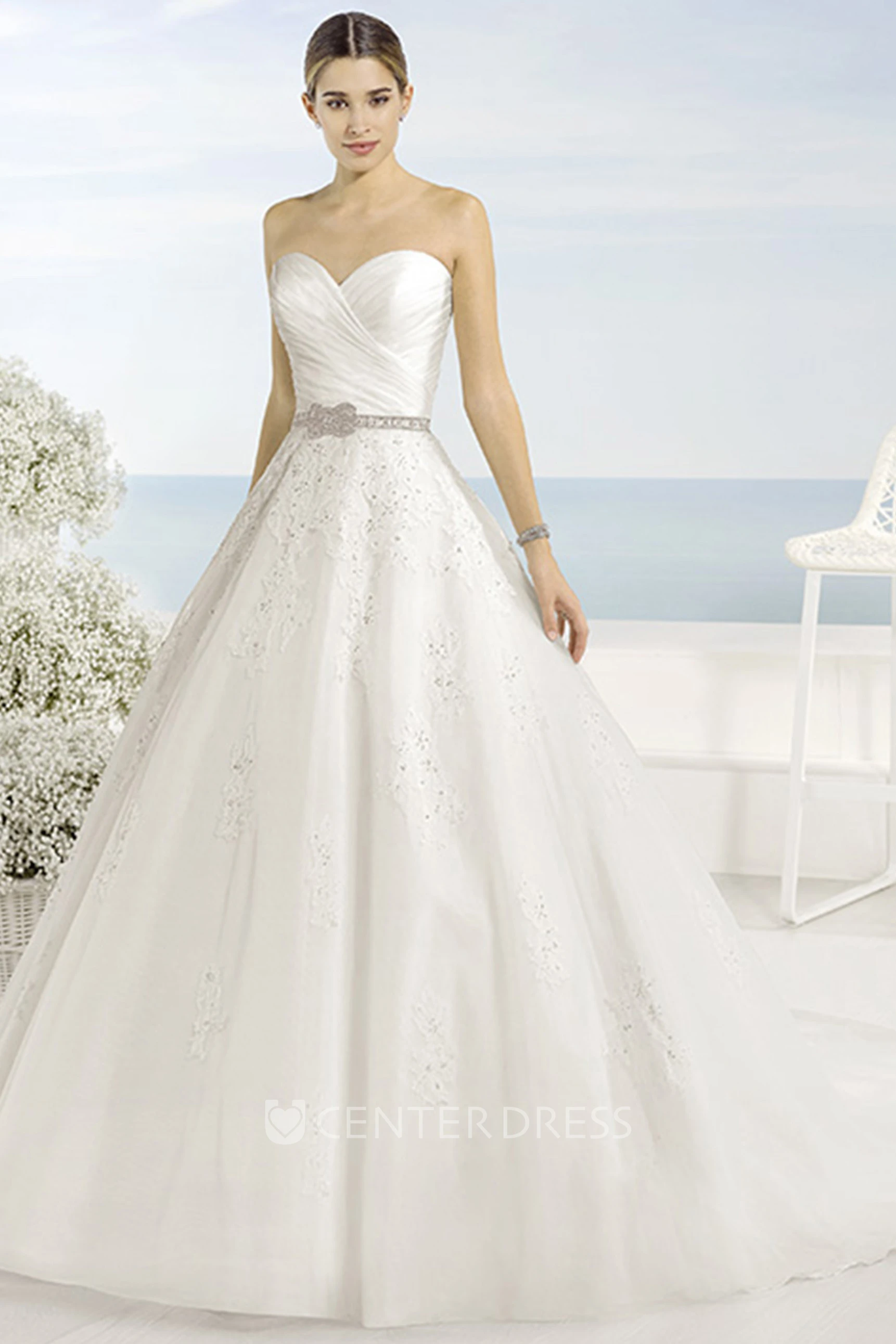Ball Gown Jeweled Sweetheart Tulle Wedding Dress With Criss Cross And Bow