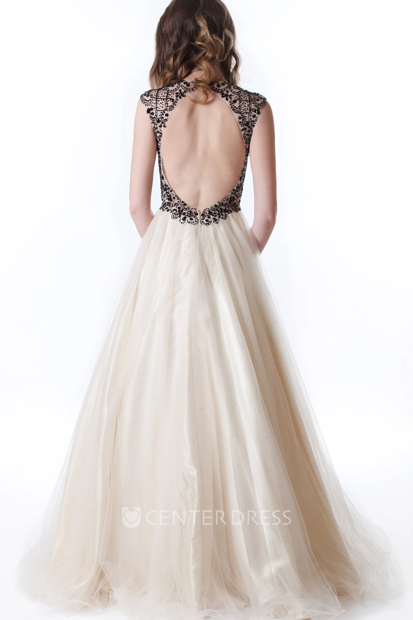 A-Line Maxi Beaded Jewel-Neck Cap-Sleeve Tulle Prom Dress With Pleats