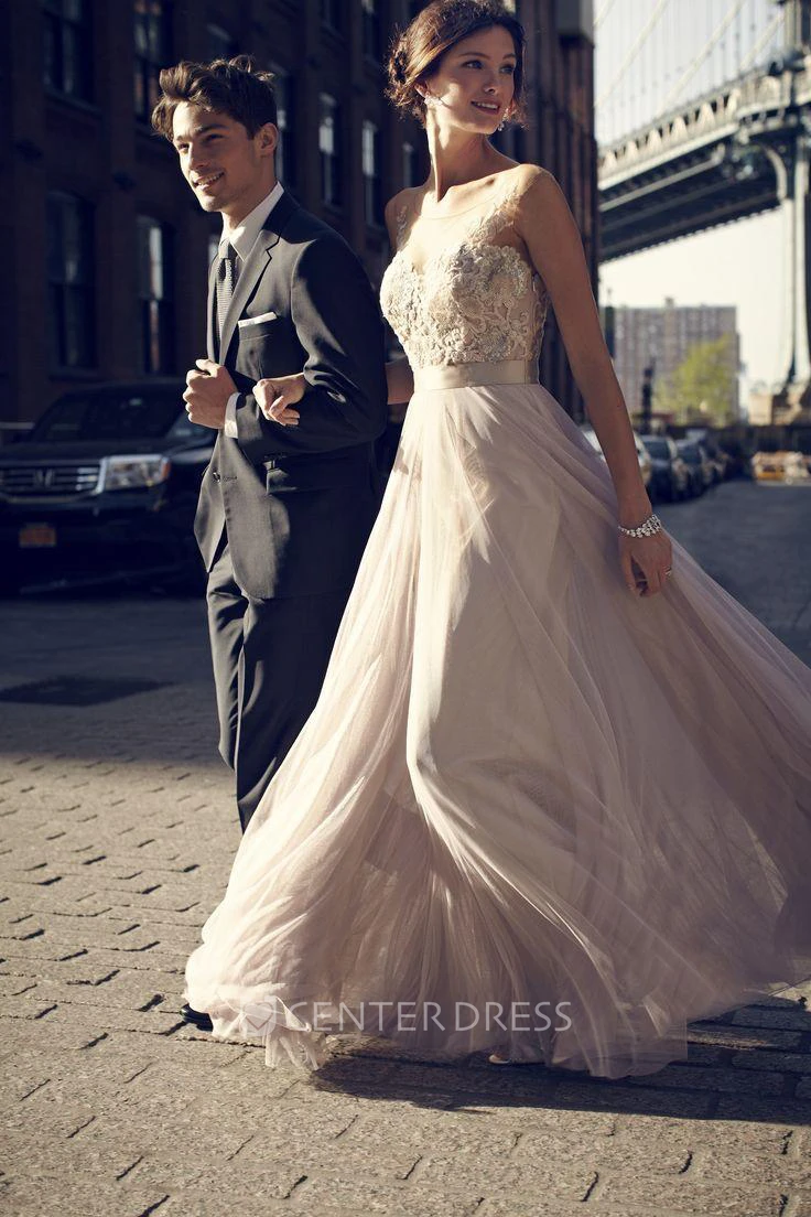 Simple A-Line Tulle Prom Dresses Appliques Floor Length Evening Dresses