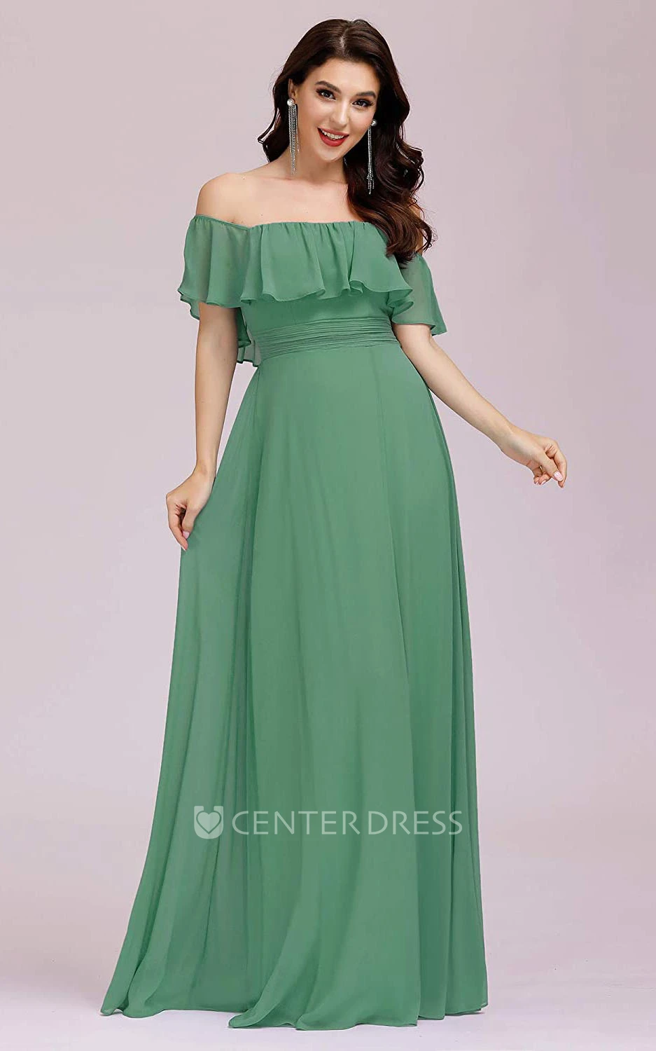 Simple A Line Chiffon Off-the-shoulder Evening Dress With Ruffles and Split Front