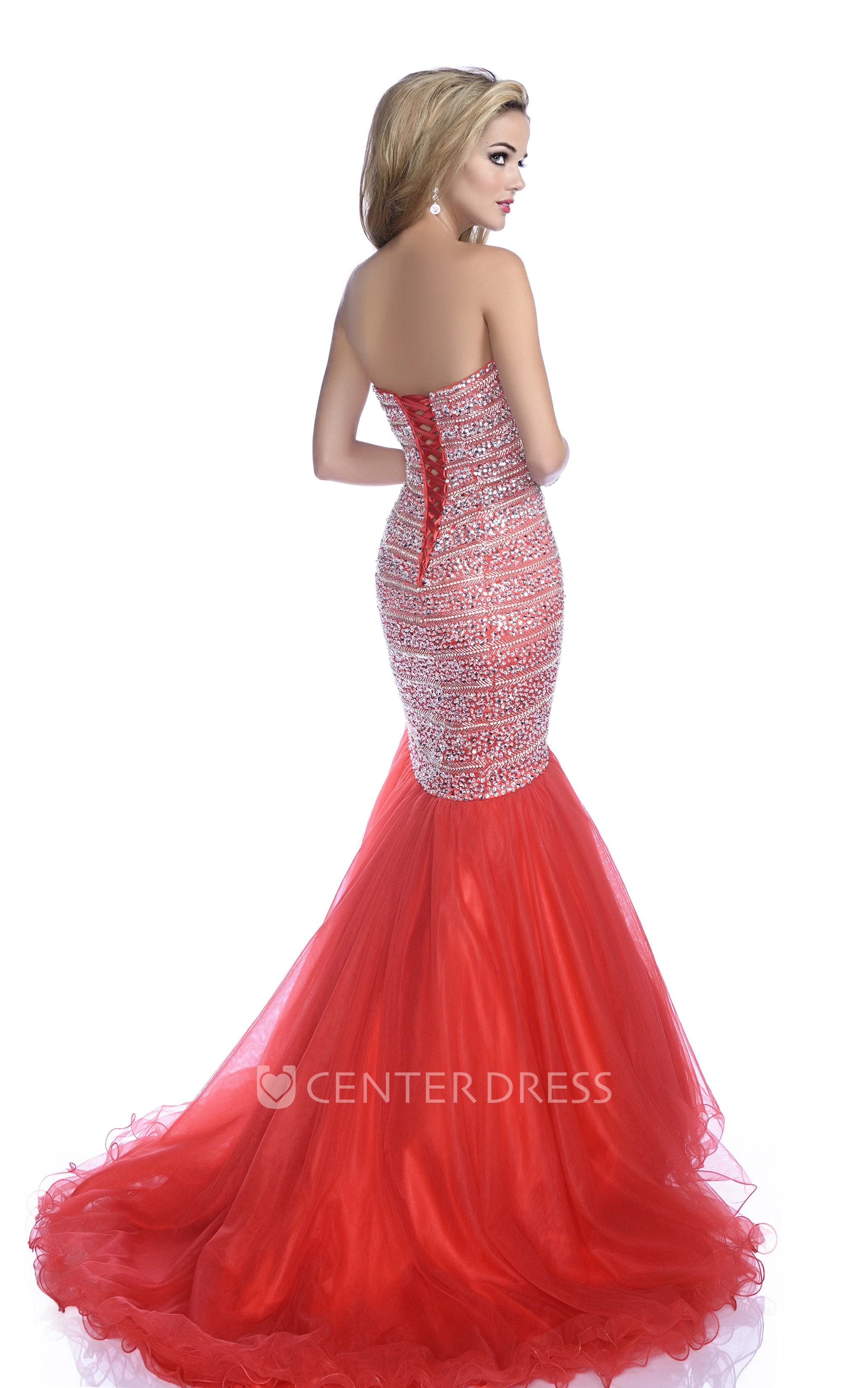 Mermaid Tulle Sleeveless Sweetheart Crystal Prom Dress Featuring Lace-Up Back