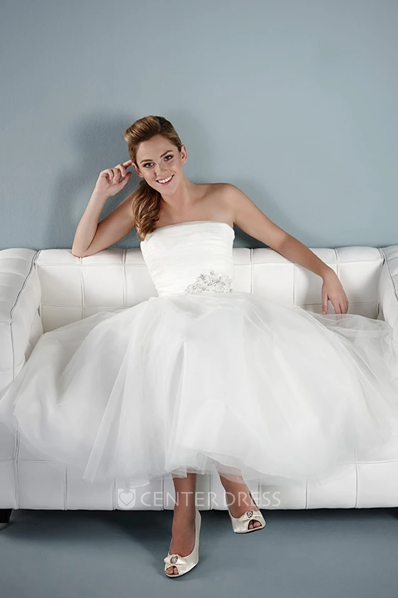 Tea-Length A-Line Strapless Jeweled Tulle Wedding Dress