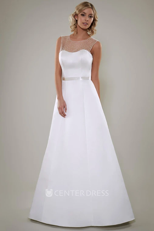 A-Line Scoop Floor-Length Sleeveless Beaded Satin Wedding Dress With Illusion Back