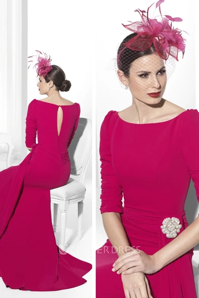 Half-Sleeve Long Scoop-Neck Broach Chiffon Prom Dress With Draping
