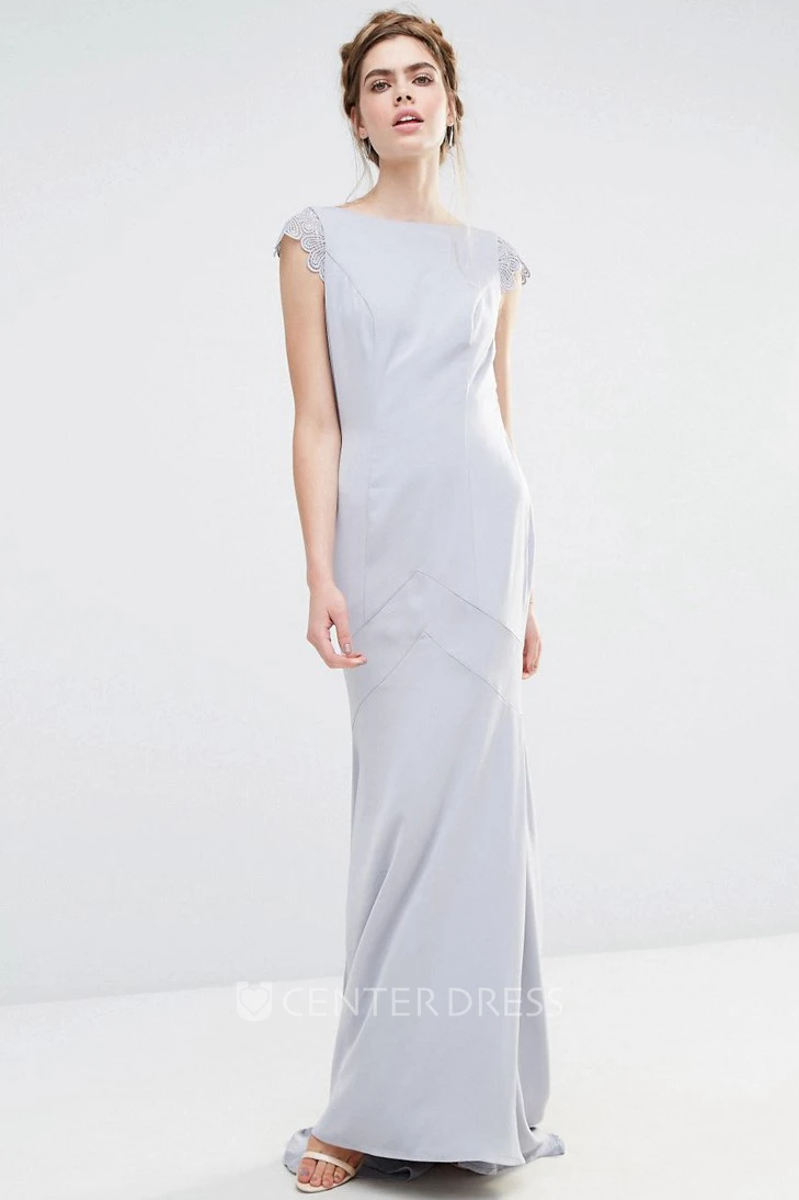 Sheath Jewel Neck Short Sleeve Chiffon Bridesmaid Dress With Brush Train
