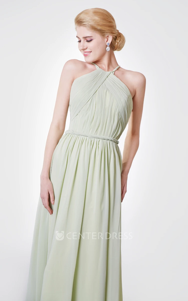 Halter Sleeveless Floor Length Chiffon Prom Dress with Sexy Back