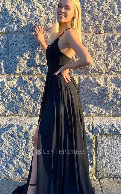 Simple Plunging Neckline A Line Jersey Sleeveless Floor-length Formal Dress with Split Front