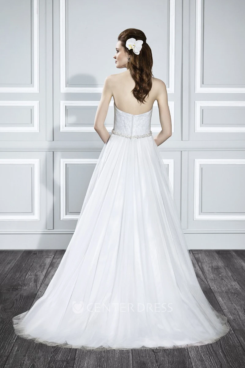 A-Line Jeweled Sweetheart Floor-Length Tulle&Satin Warm Wedding Dress With Ruching And V Back