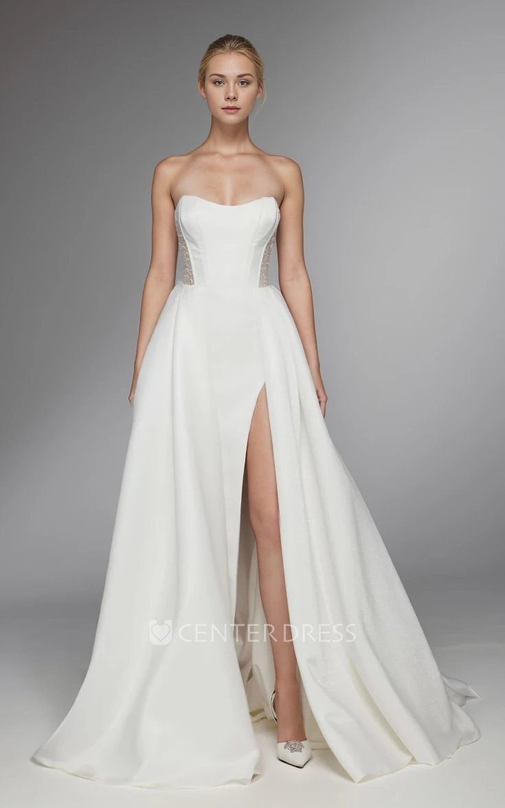 A-Line Sleeveless Strapless Satin Spring Wedding Dress Sexy Floor-length Open Back Split Bridal Gown with Zipper