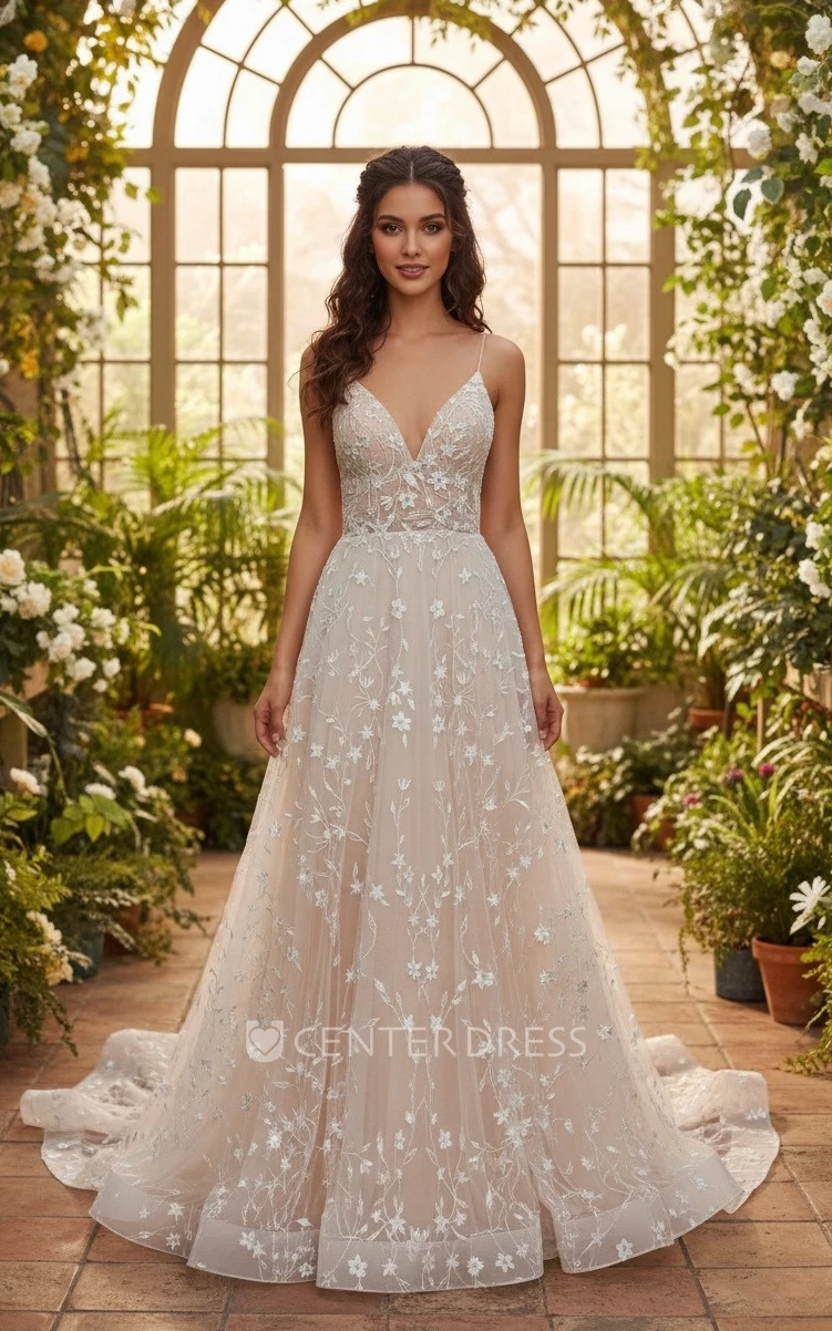 A-Line Lace Boho Flower Wedding Dress Spaghetti Strap Champagne Bridal Gown