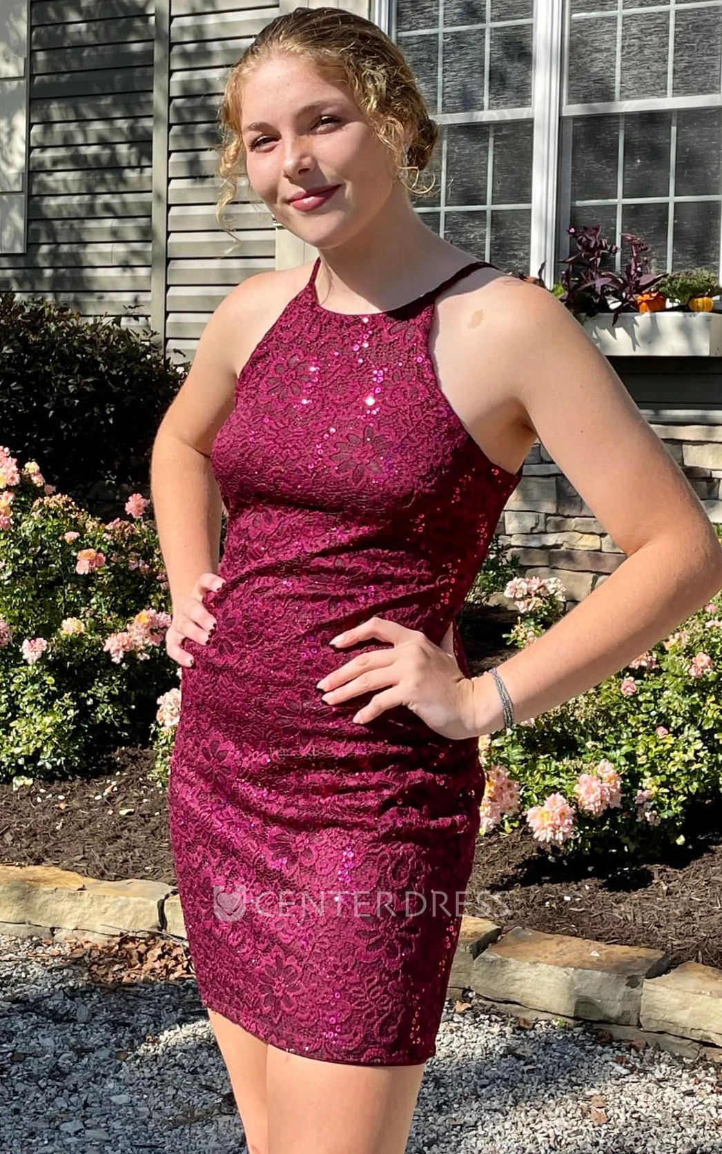 Beach Casual Sequins Bodycon Halter Homecoming Dress With Open Back