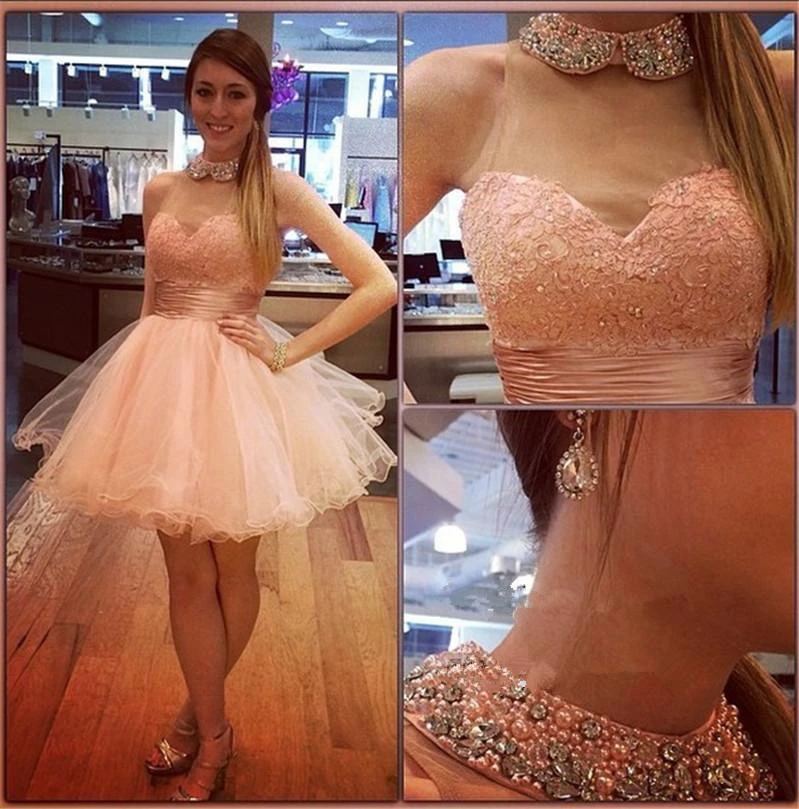 Bling Bling High-Neck Tulle Homecoming Dress Lace With Crystals