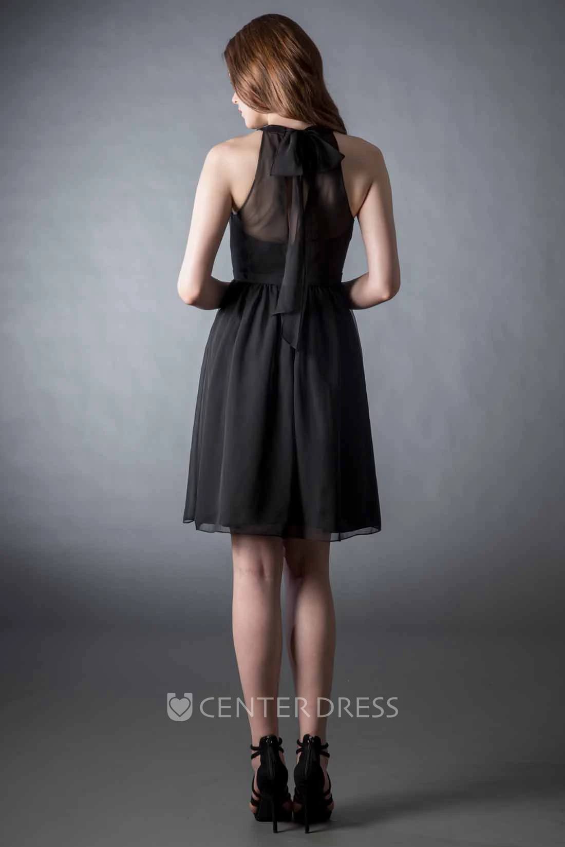 Short Sleeveless Bowed High Neck Chiffon Bridesmaid Dress With Illusion Back