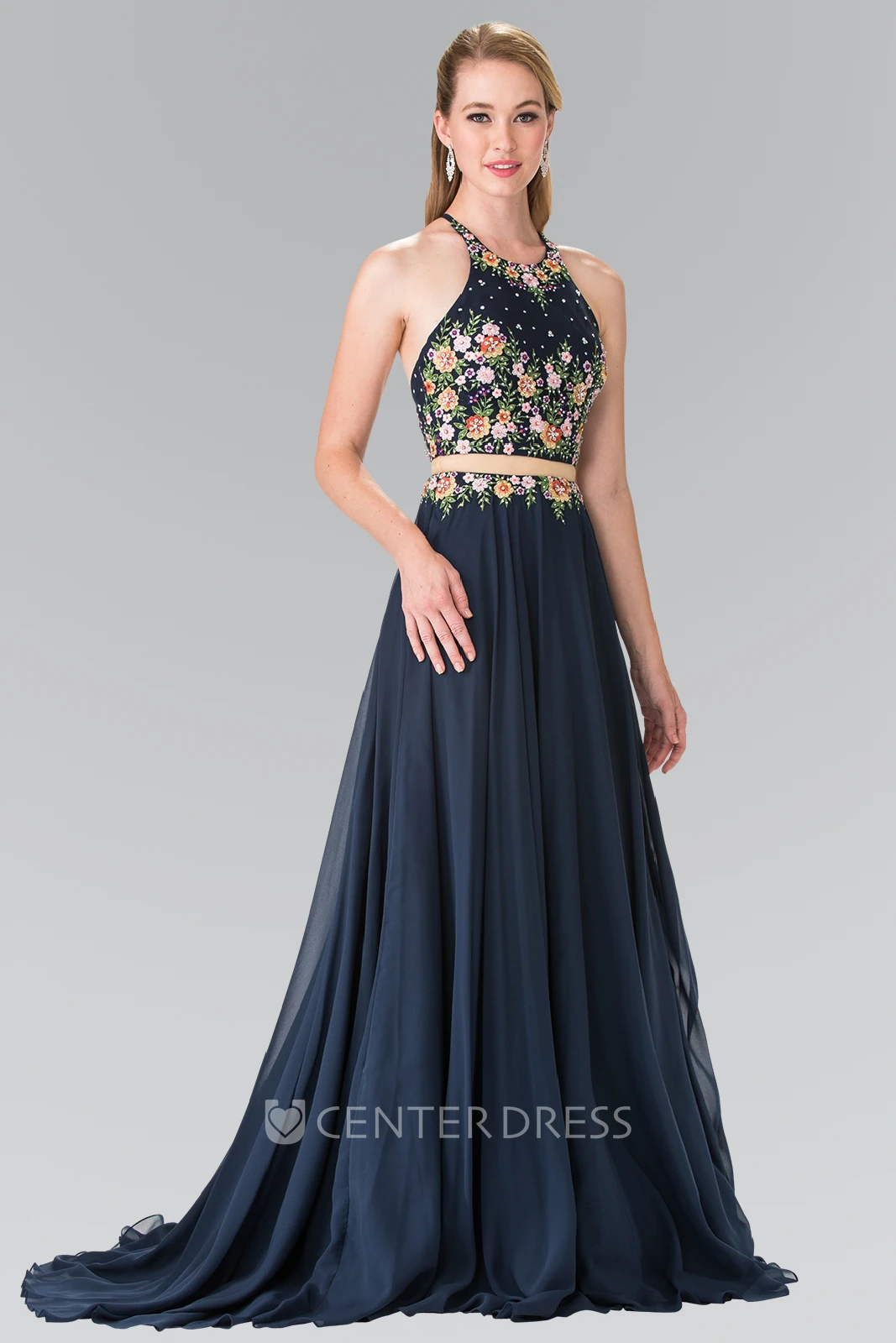A-Line Long Scoop-Neck Sleeveless Chiffon Straps Dress With Embroidery And Pleats