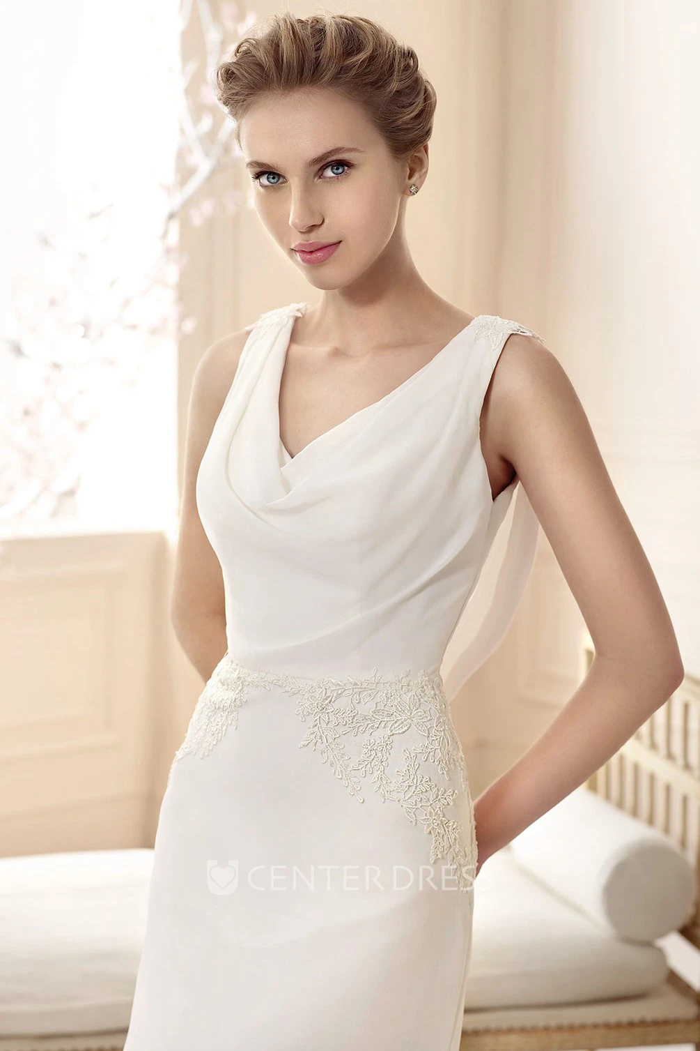 Sheath Cowl-Neck Floor-Length Appliqued Sleeveless Chiffon Wedding Dress