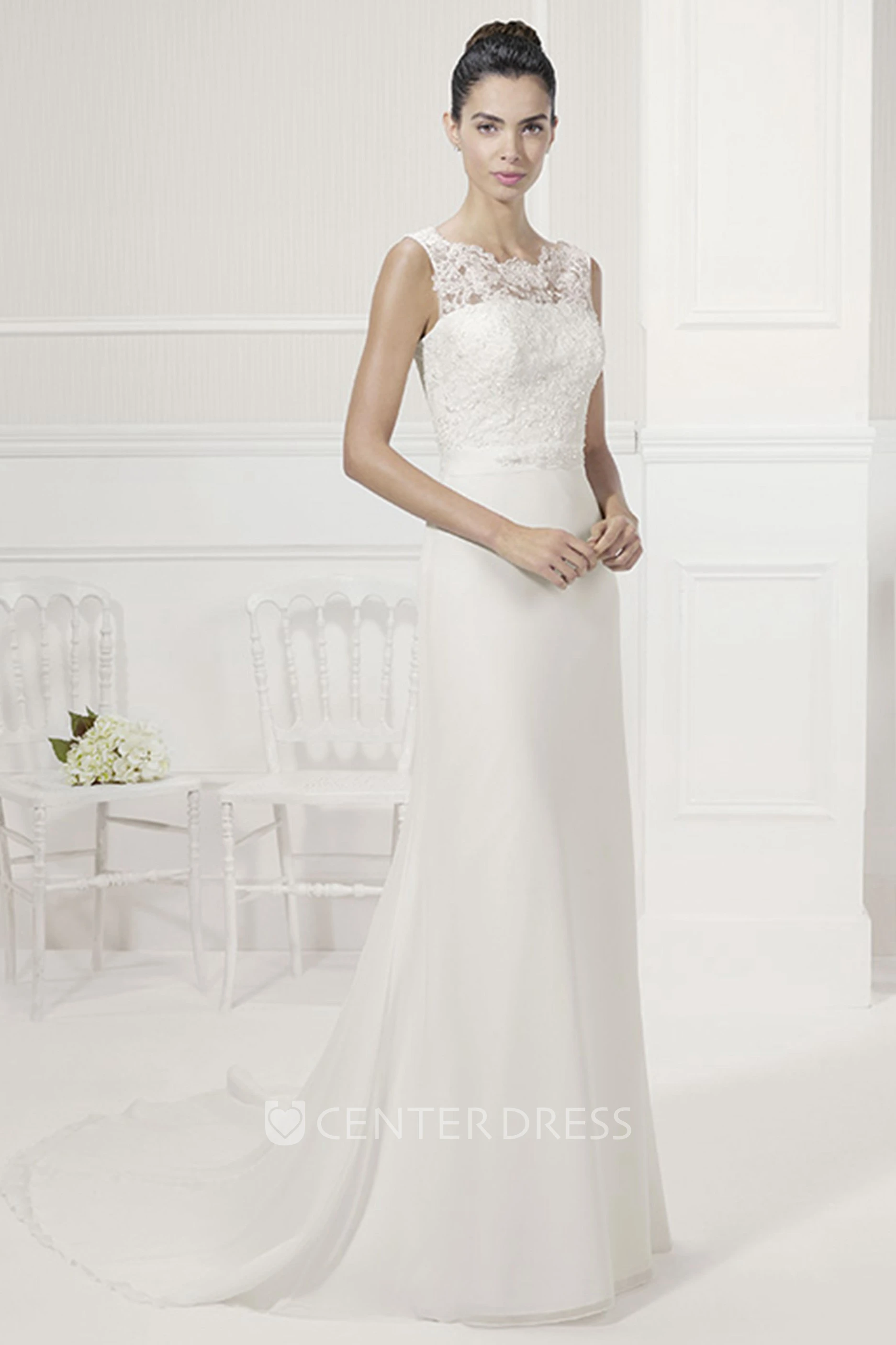 V Back Sequined Lace Top Sheath Bridal Gown With Sash