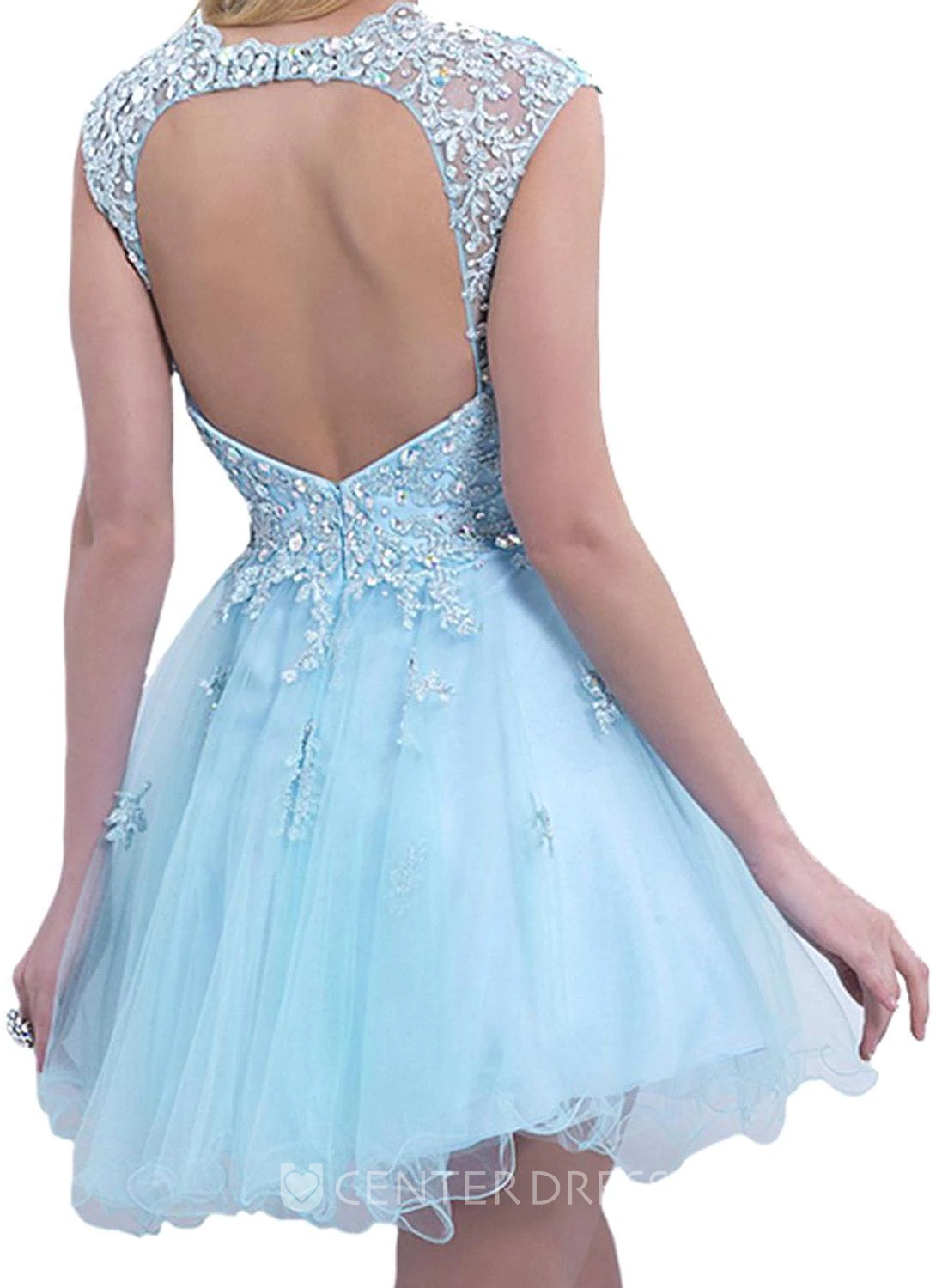 Elegant Sleeveless SHort Tulle Homecoming Dress Lace Appliques