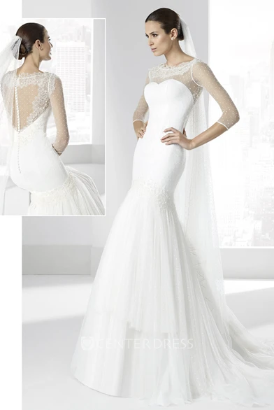 Mermaid Scoop-Neck 3-4-Sleeve Tulle Wedding Dress With Illusion