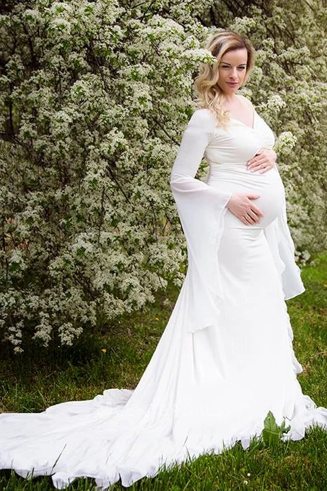 Sheath Court Train Long Sleeve Empire Maternity Wedding Dress