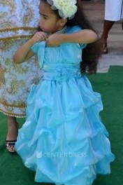 Spaghetti Tea-Length Bolero Ruched Organza&Satin Flower Girl Dress With Pick Up