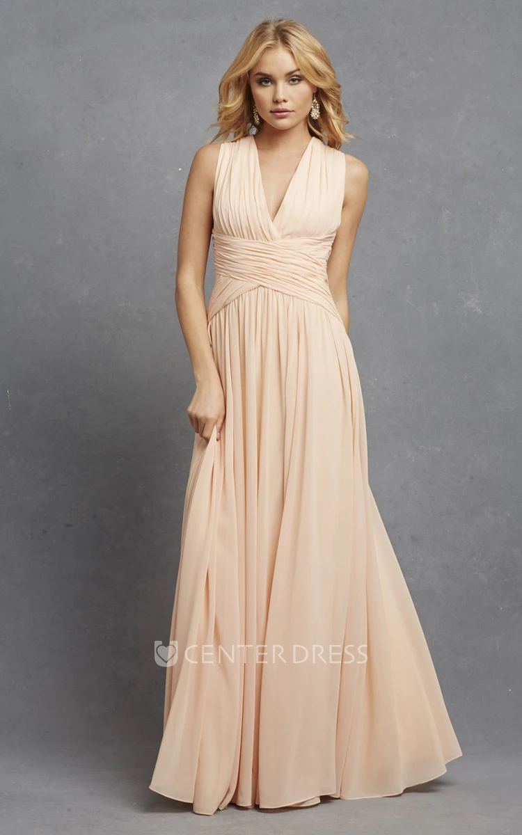 Sleeveless Chiffon V-Neck Dress With Crisscross Ruching