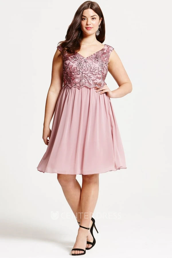 Mini Appliqued Sleeveless V-Neck Chiffon Bridesmaid Dress