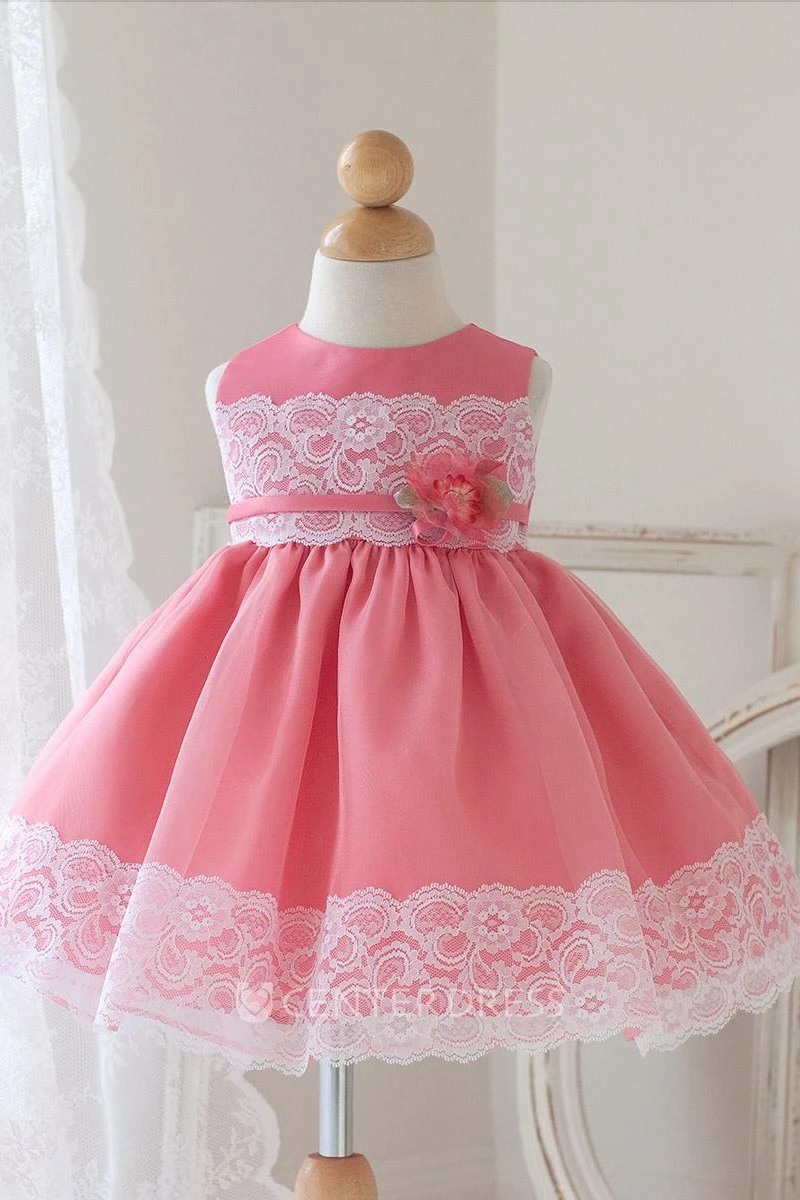Tea-Length Appliqued Floral Lace&Organza Flower Girl Dress With Sash